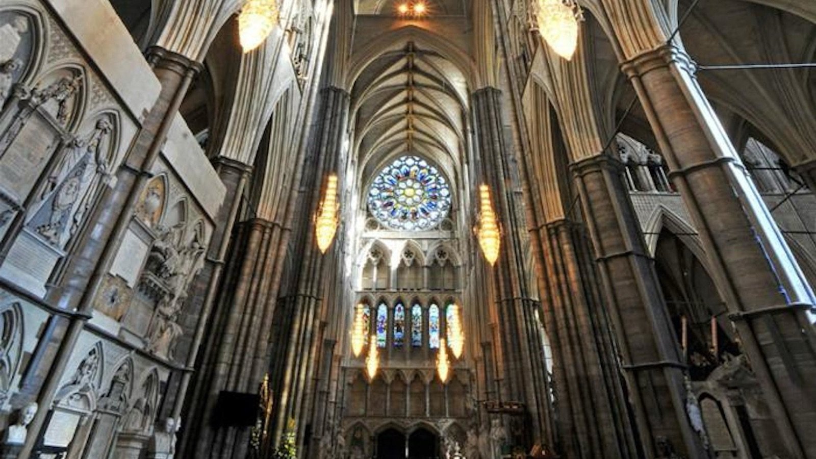 Westminster Abbey interior with stained glass