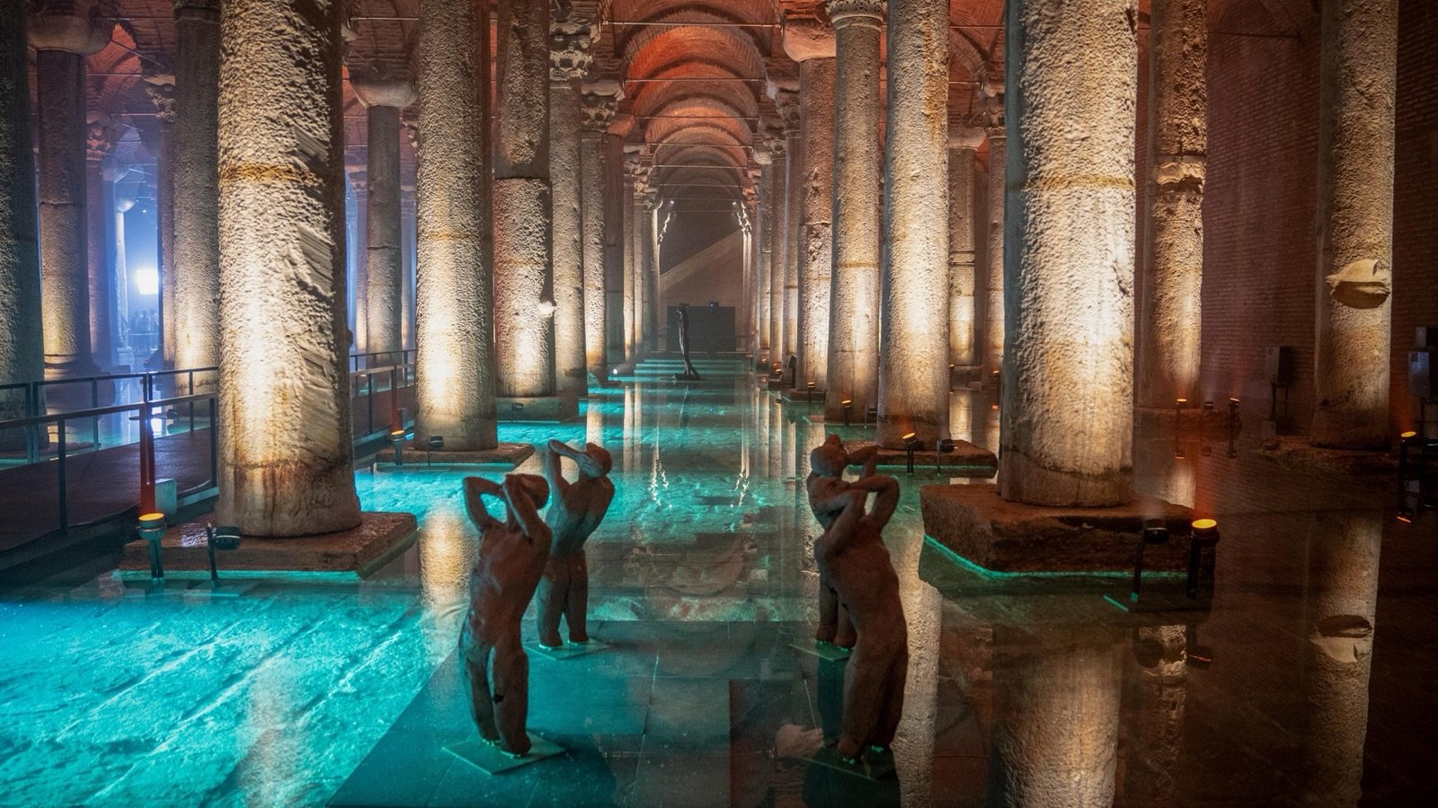 Basilica Cistern with illuminated marble columns