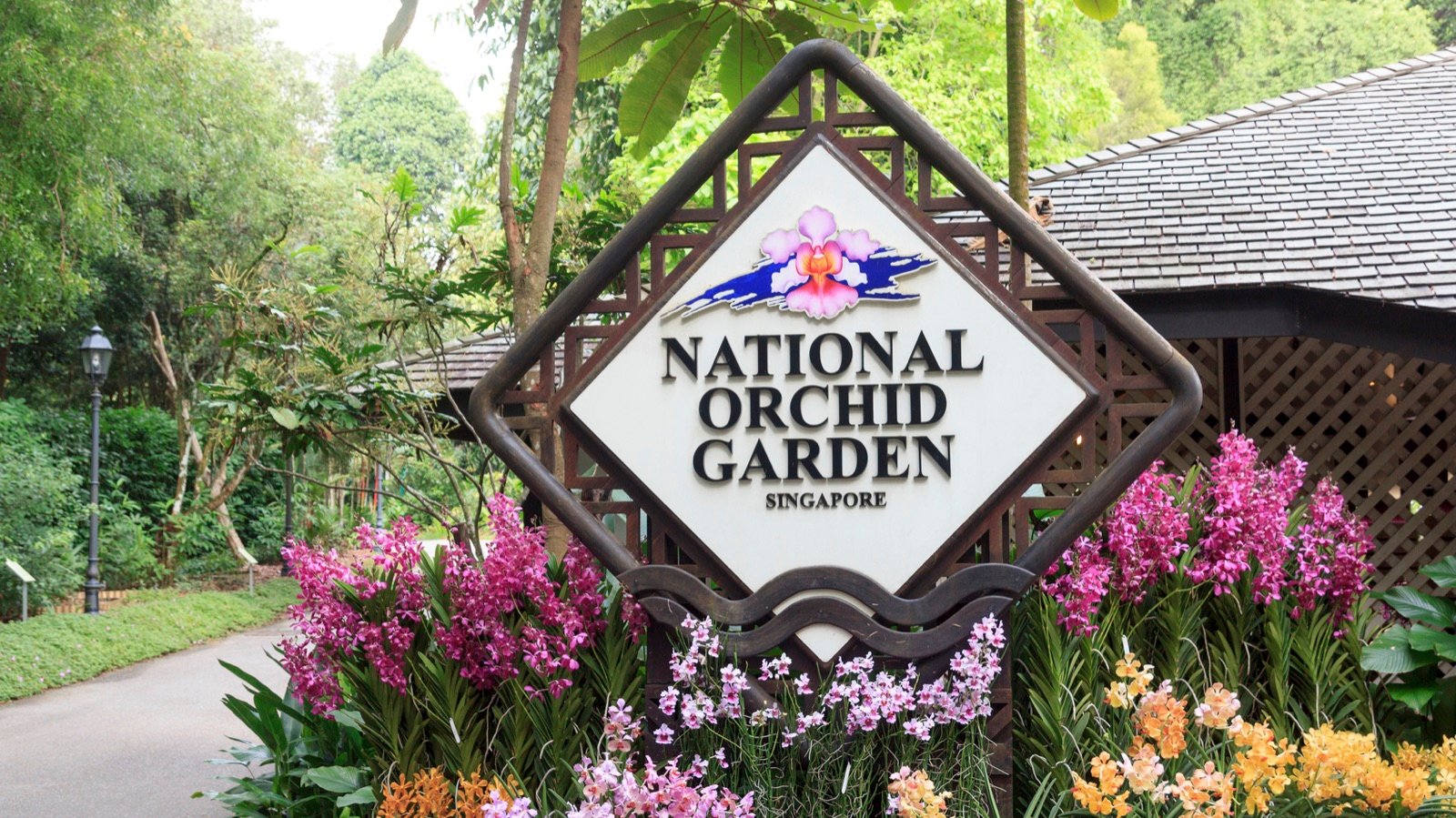 National Orchid Garden entrance with vibrant orchid displays