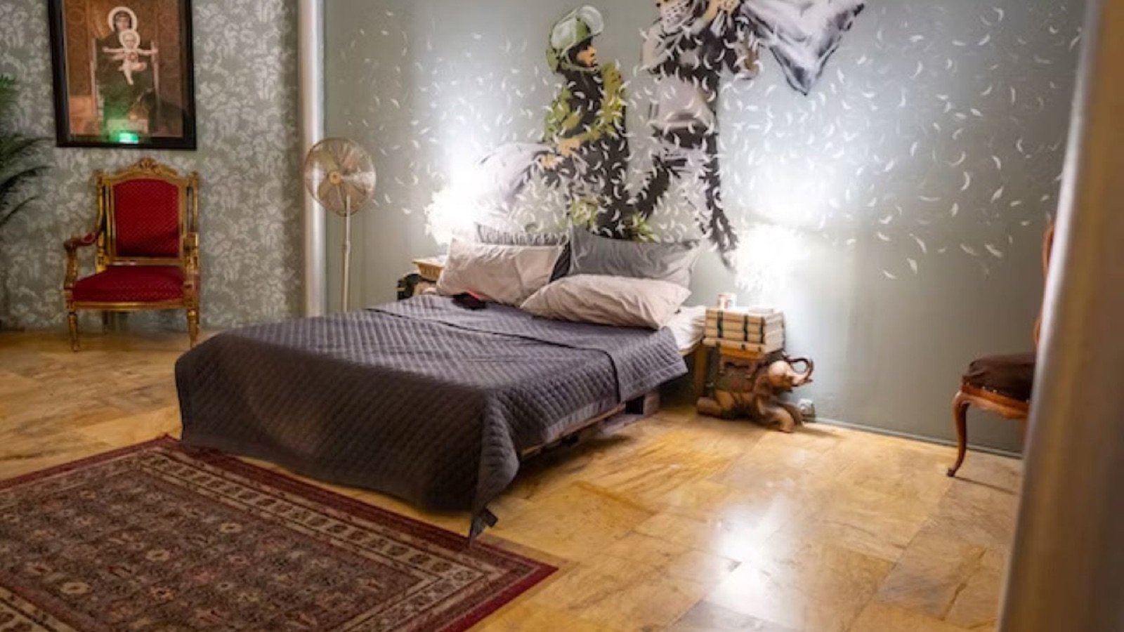Interior of the Banksy Museum with artworks