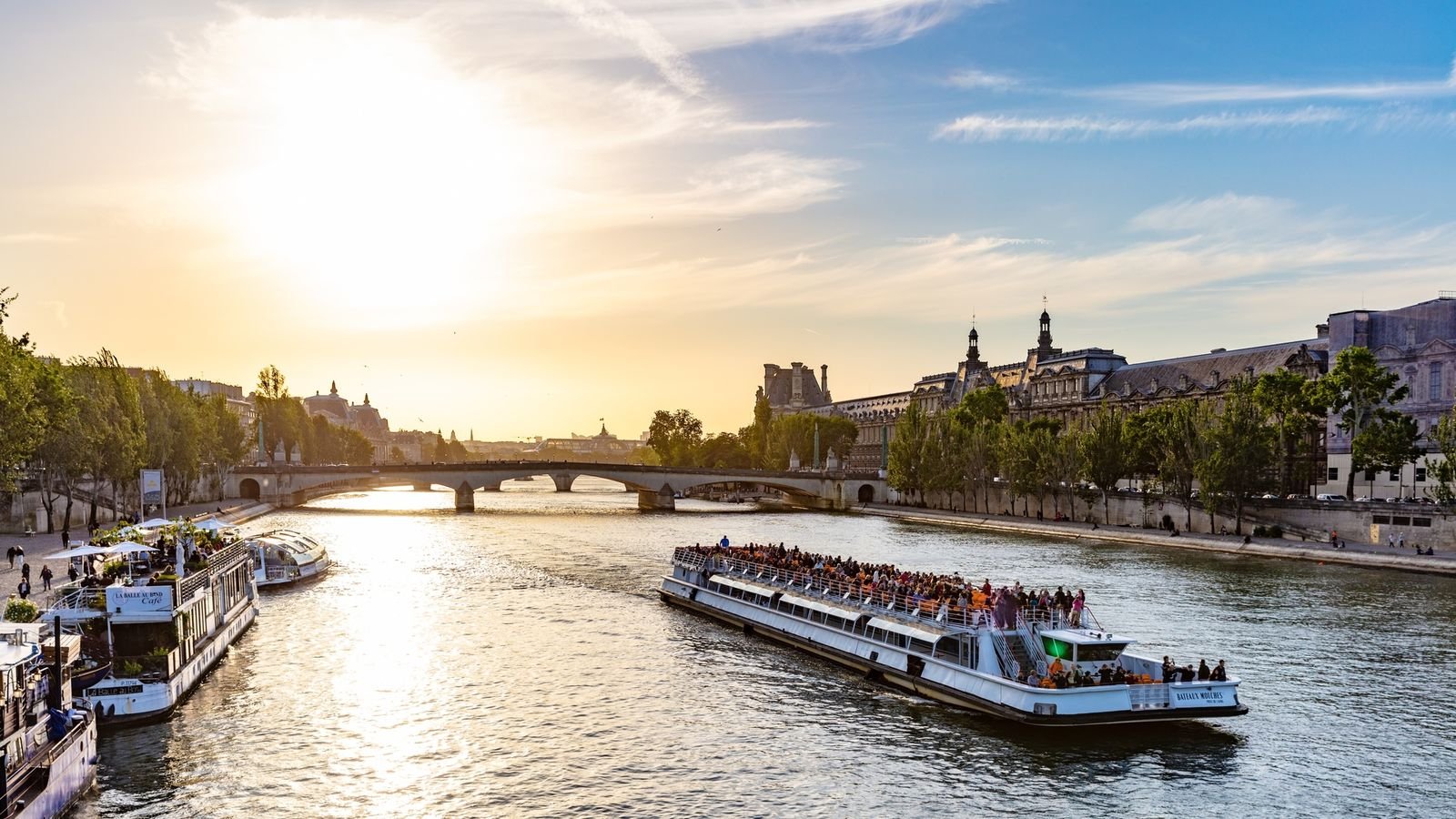 View of the Eiffel Tower from the Seine River sightseeing cruise
