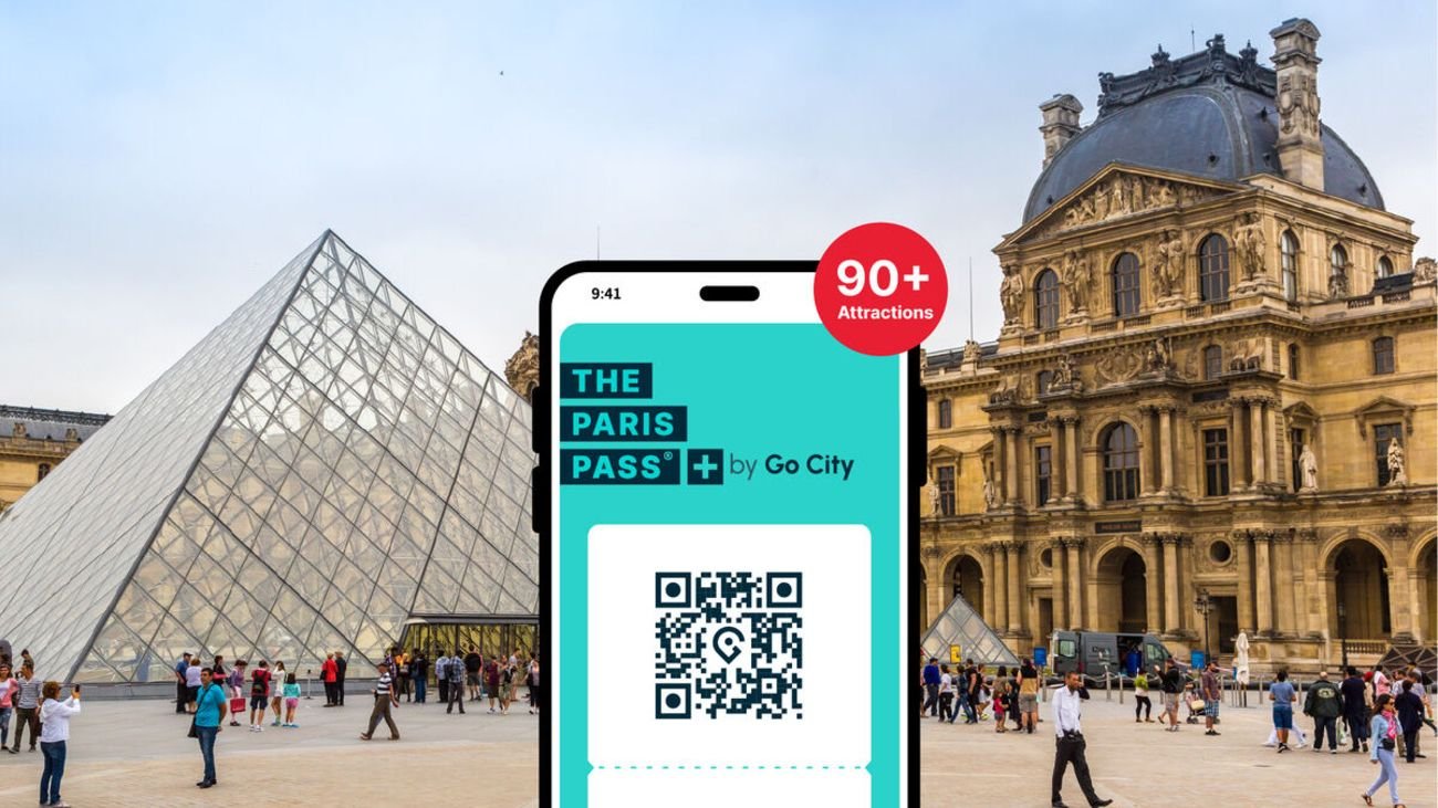 Louvre Museum exterior and glass pyramid in Paris