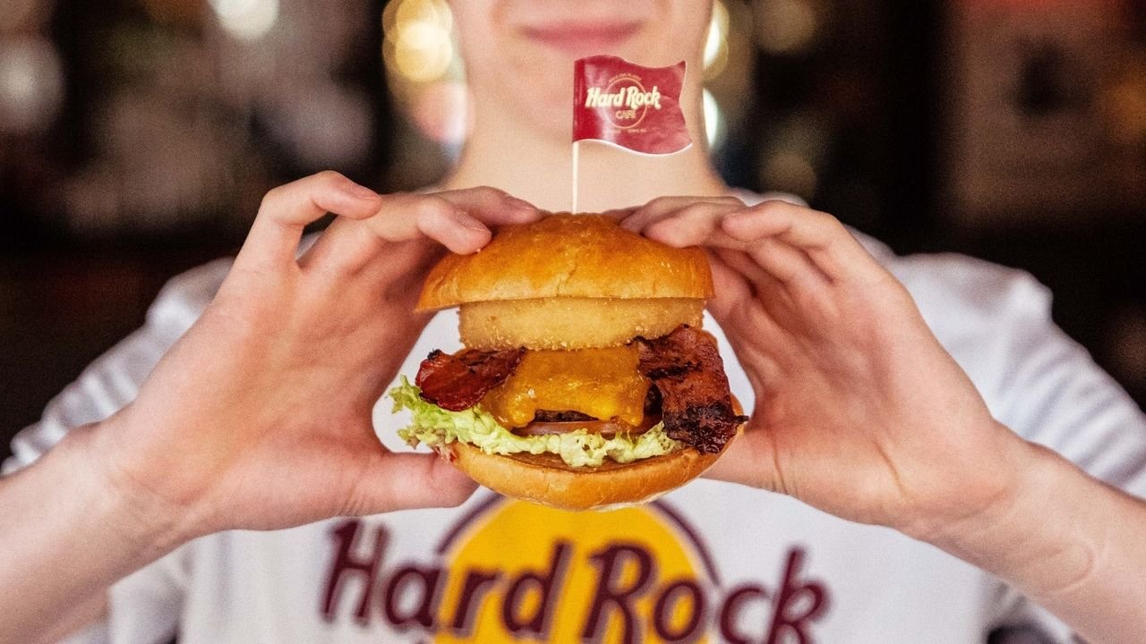 Hard Rock Cafe Berlin dining room interior with rock memorabilia