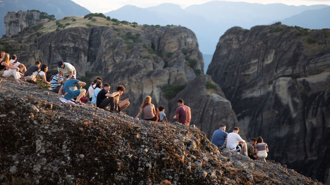 View of Kalambaka town beneath the towering cliffs of Meteora