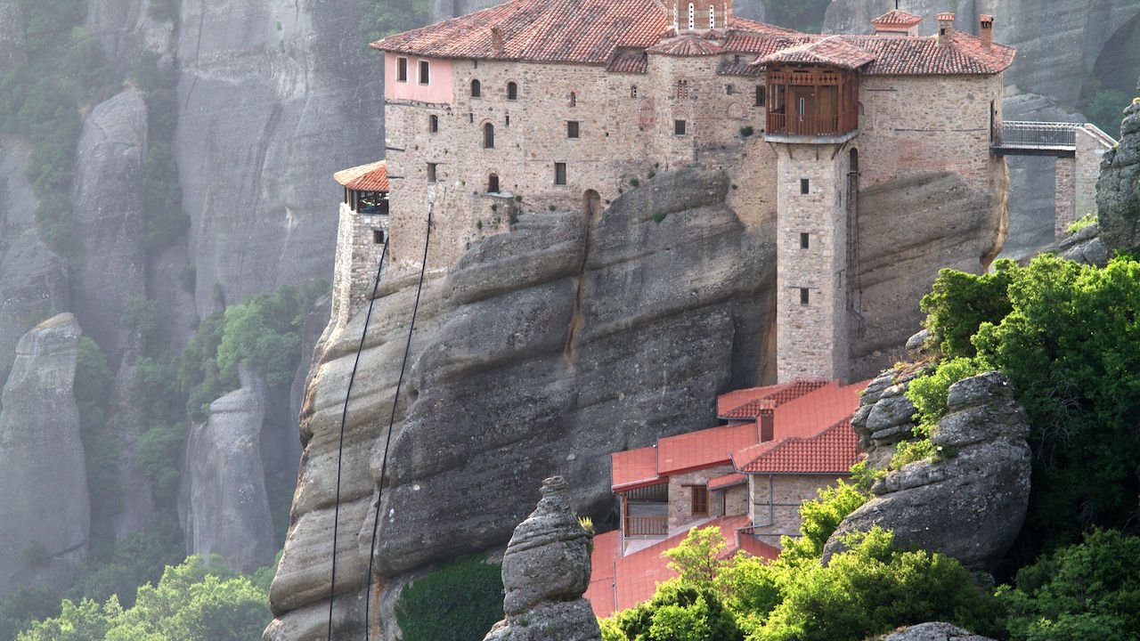 Pilgrimage monastery complex overlooking the valley in Meteora
