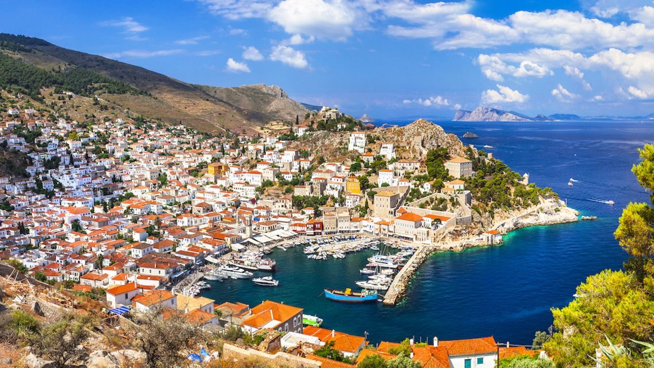 Poros island town waterfront and harbor promenade