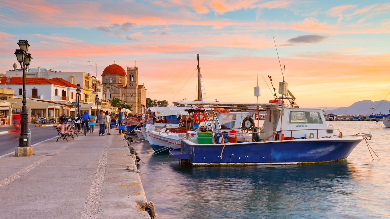 Aegina island scenic coastline and town