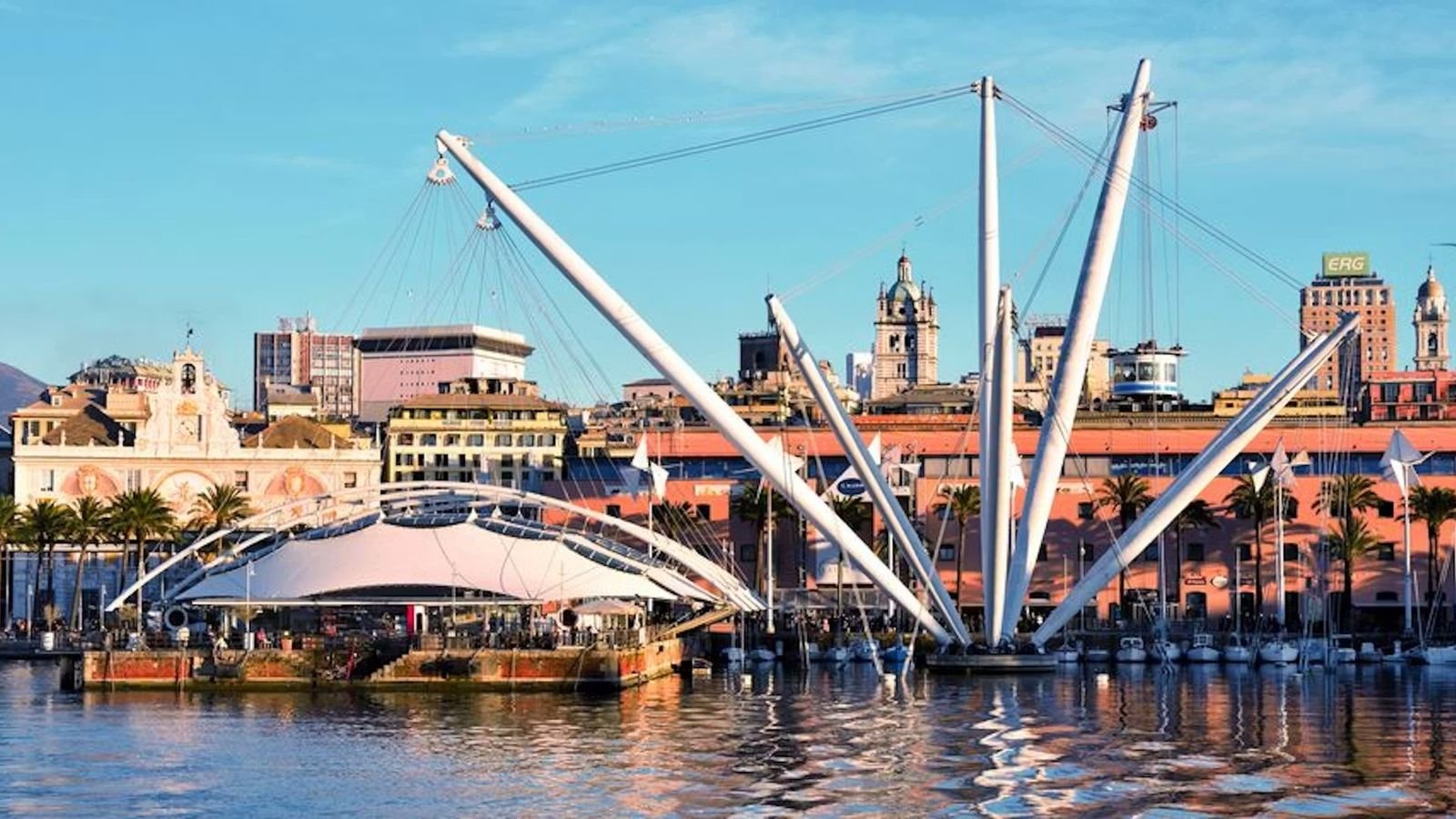 Panoramic 360-degree view of Genoa waterfront and port from the Bigo lift