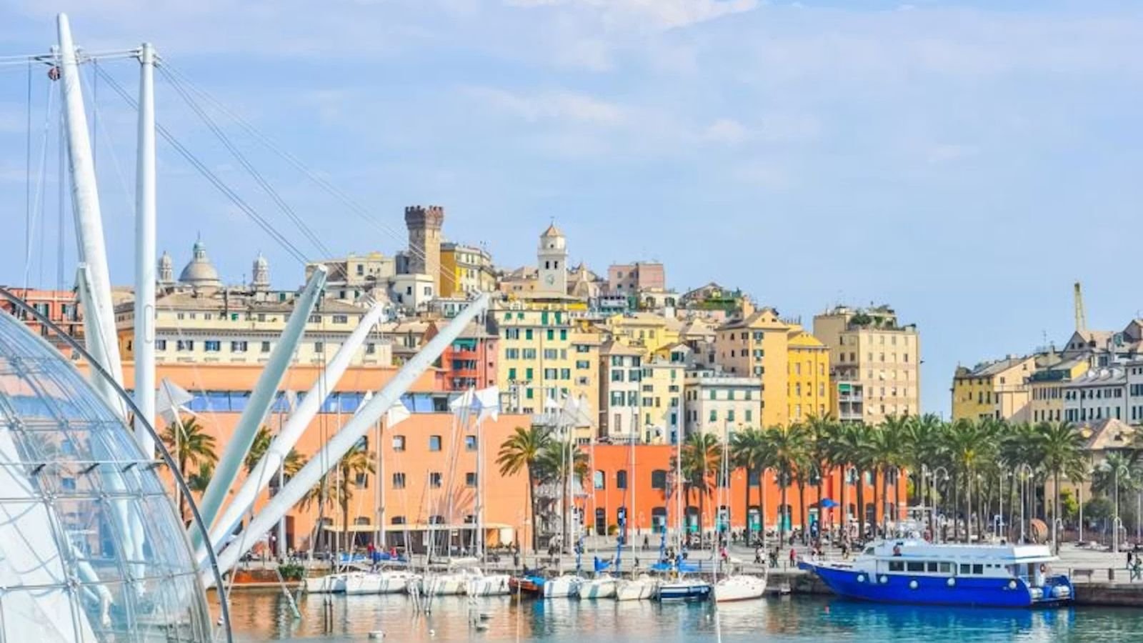 Overhead perspective of Genoa historic city rooftops from the Bigo Panoramic Lift