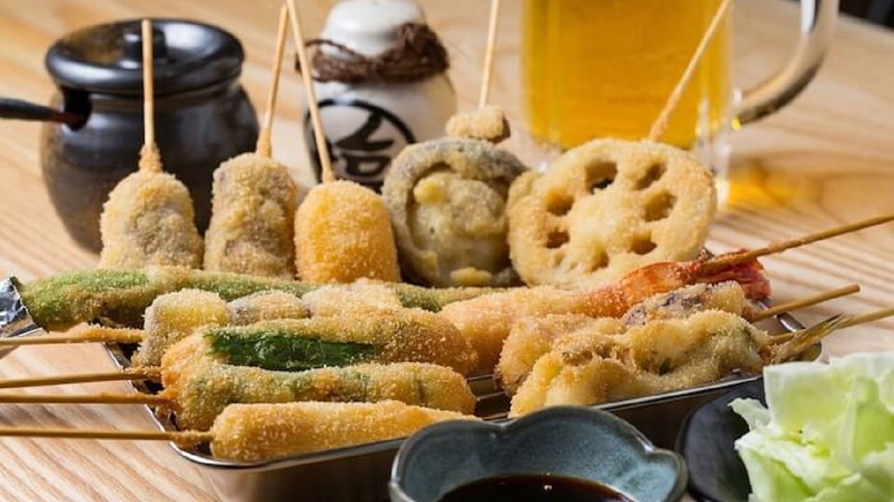 Yakitori skewers and tempura served inside an izakaya