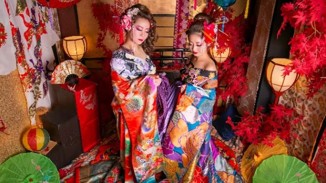 Woman in traditional oiran kimono and hairstyle at Studio Arare
