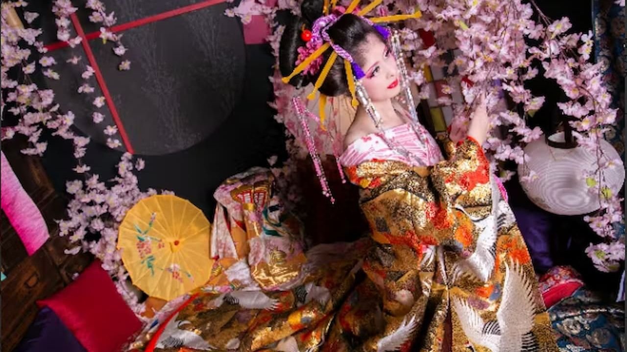 Couple in traditional kimonos posing at Studio Arare in Kyoto