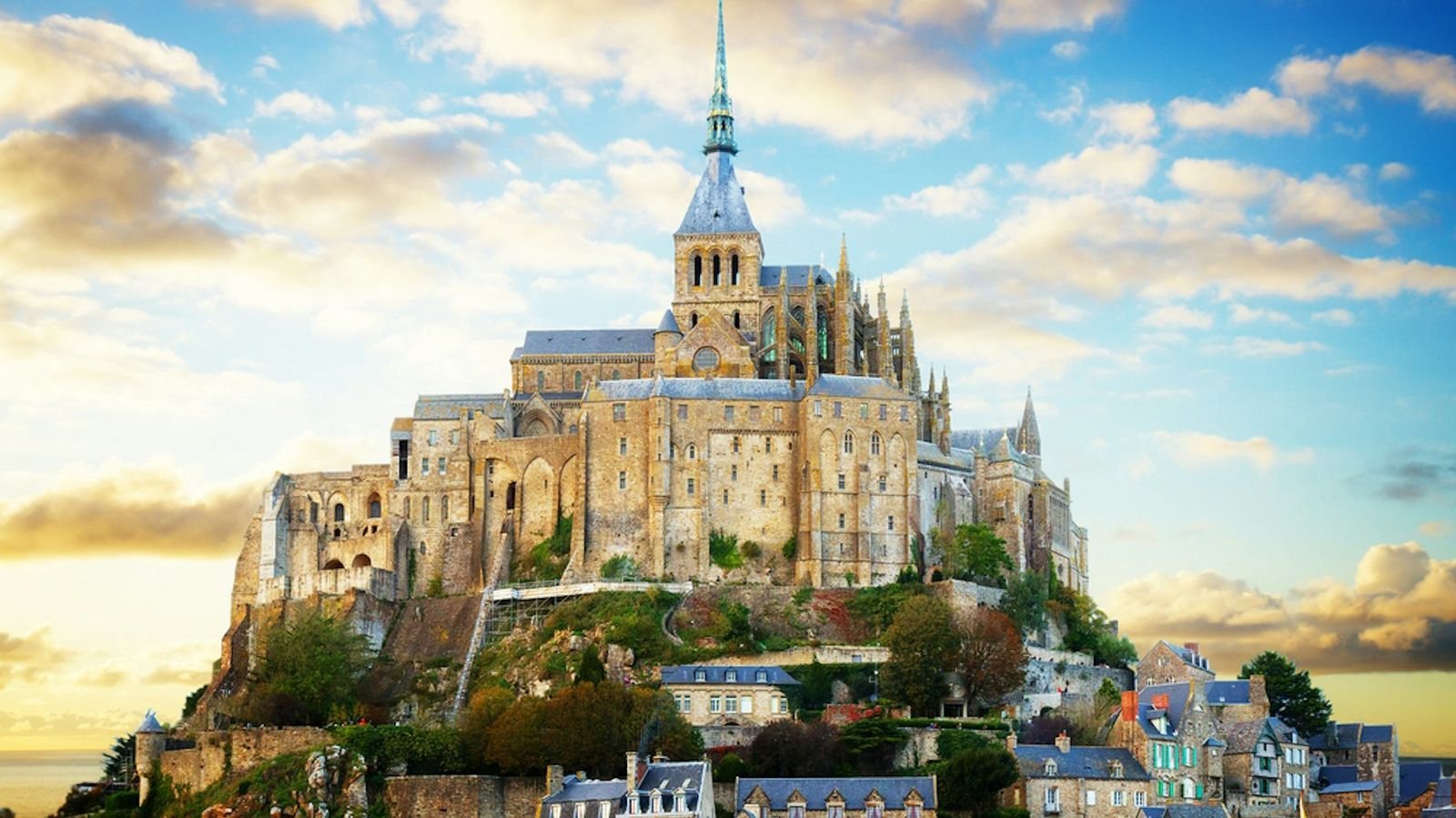 Exterior view of Mont Saint-Michel Abbey set on a rocky island in France