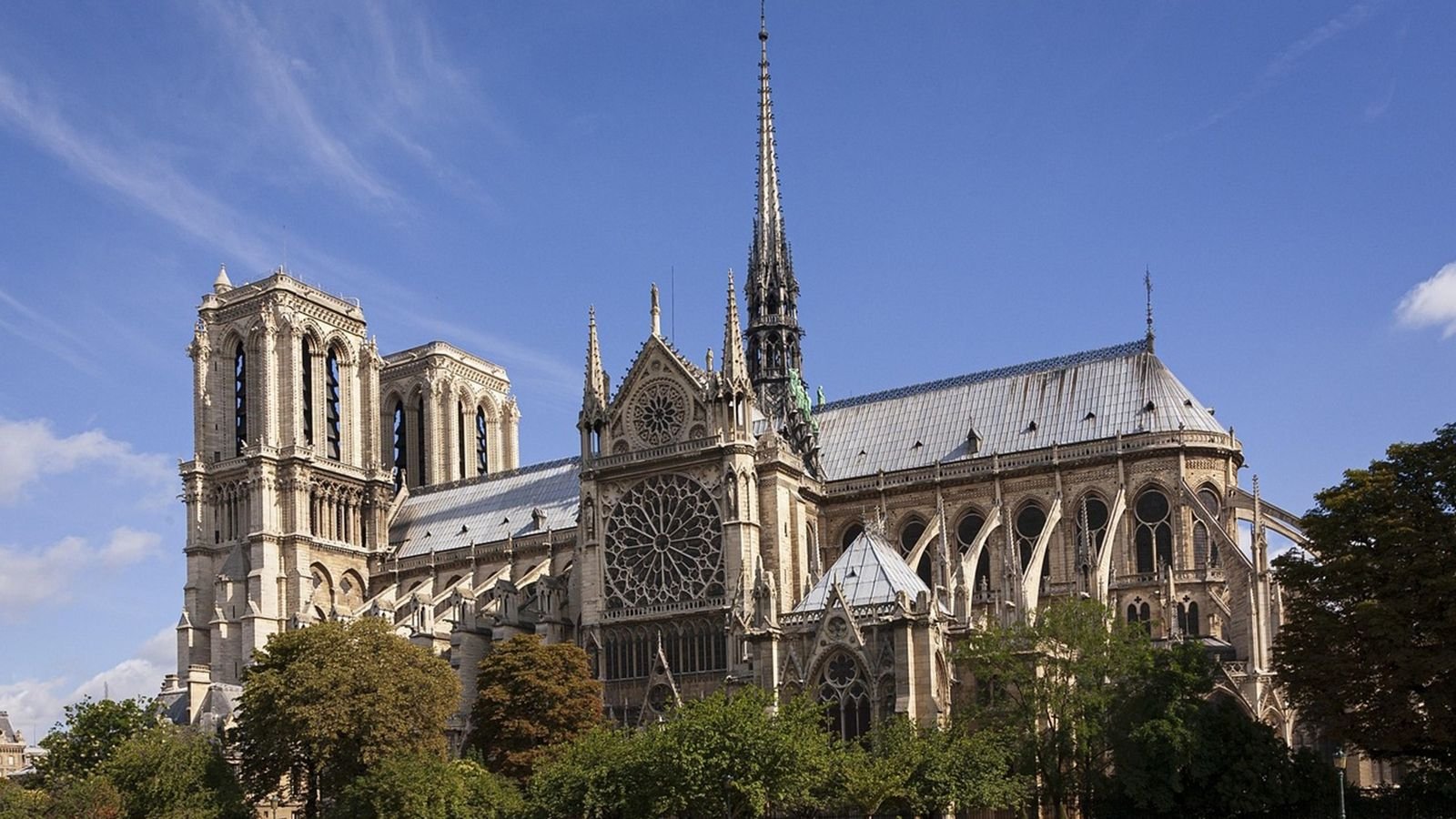 Exterior facade of Notre Dame Cathedral in Paris