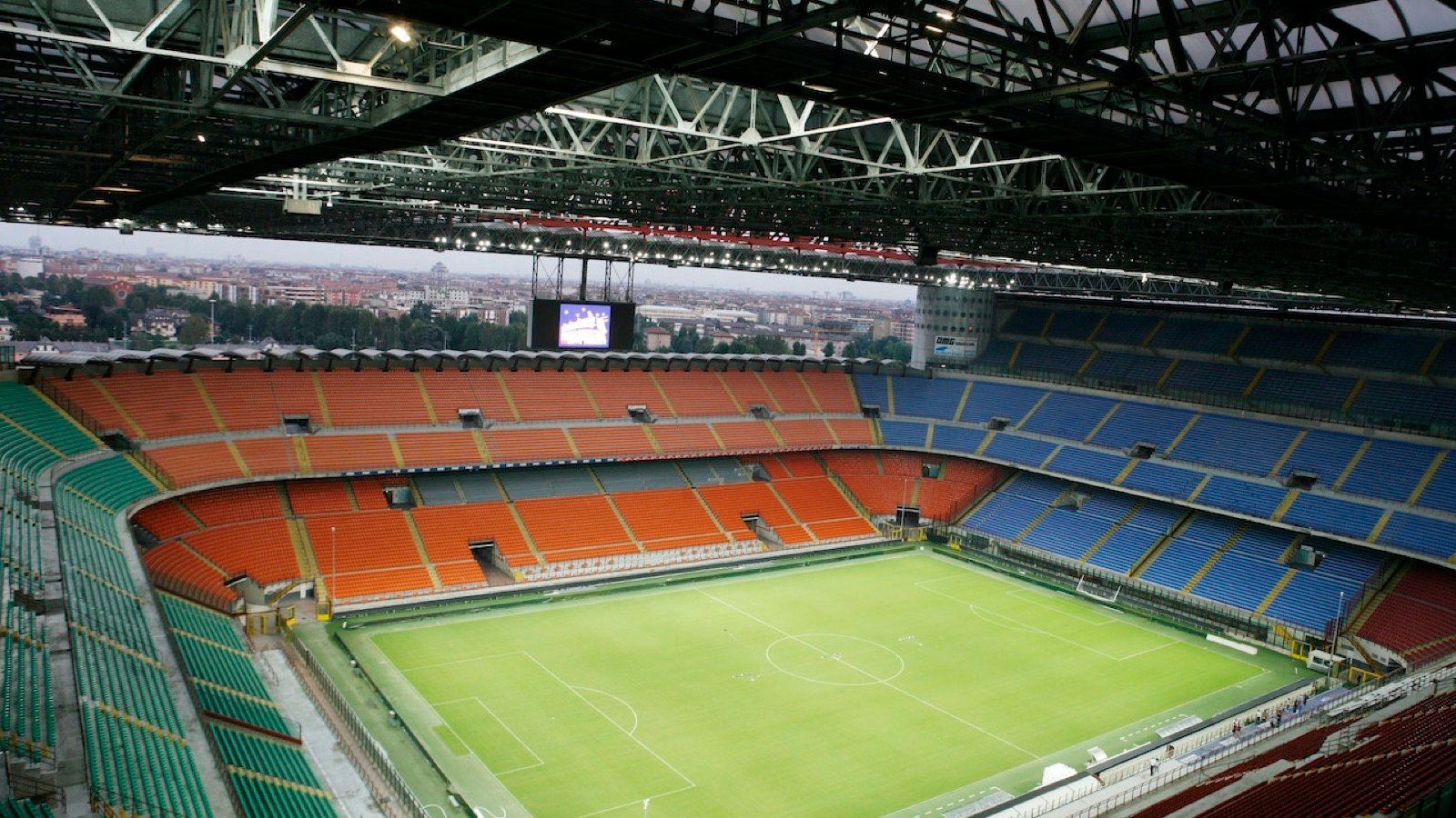 Panoramic view of San Siro Stadium pitch from the stands