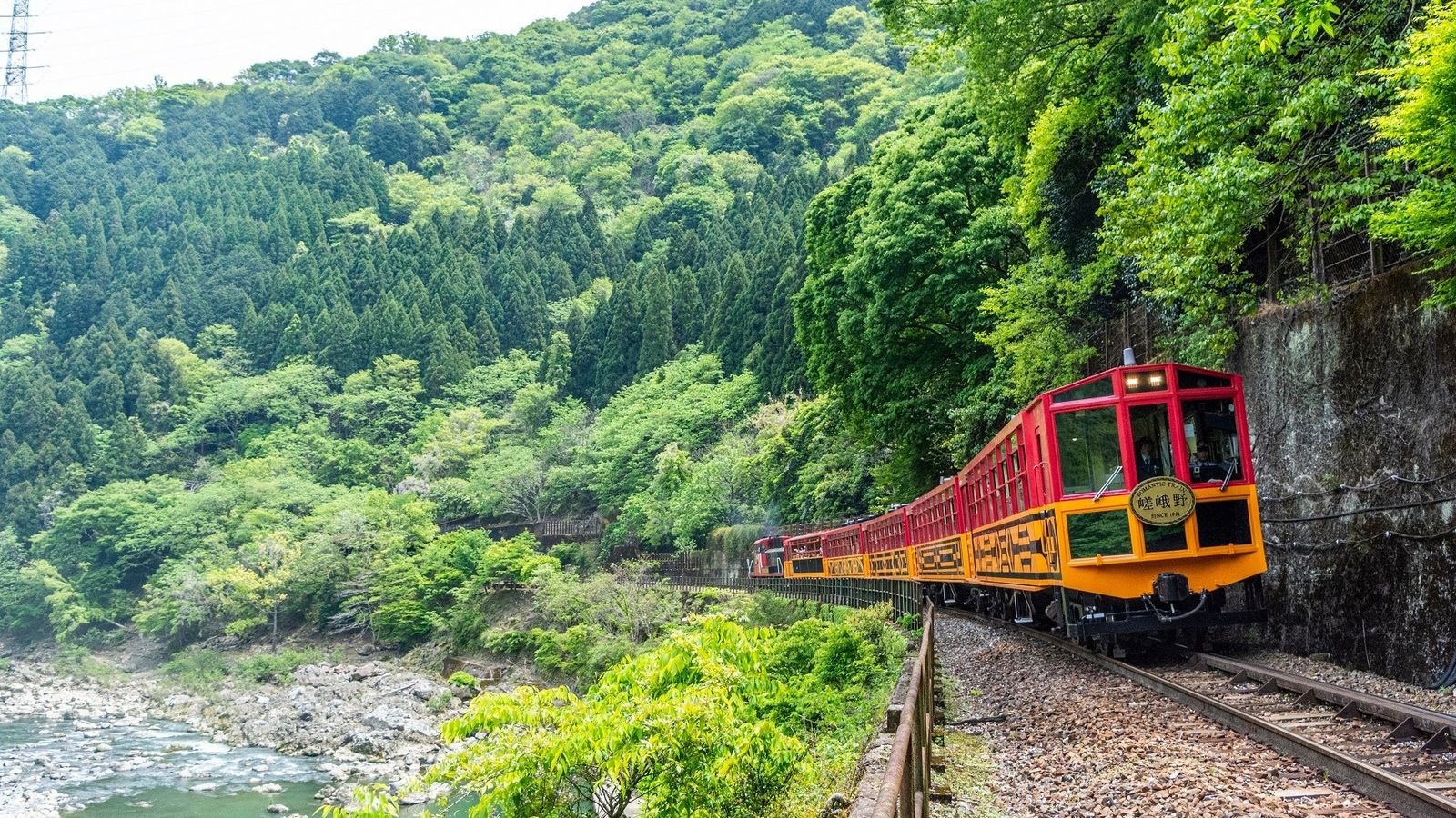 Scenic Hozukyo Ravine river view from Sagano Romantic Train carriage window