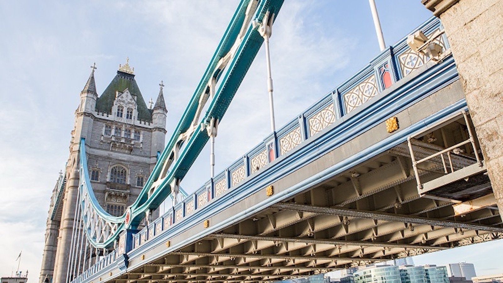 High-level walkway at Tower Bridge overlooking the London skyline