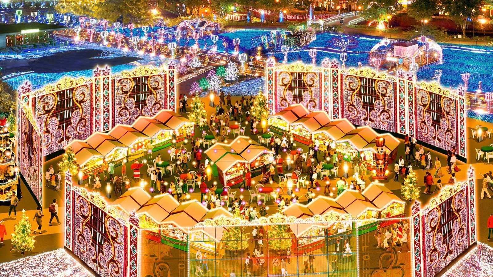 Panoramic View Venue area at Huis Ten Bosch during evening fireworks