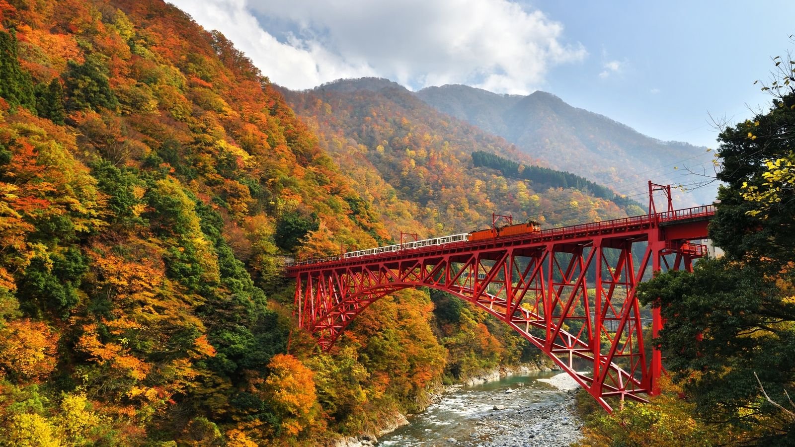 Scenic railway bridge crossing in Kurobe Gorge Japan