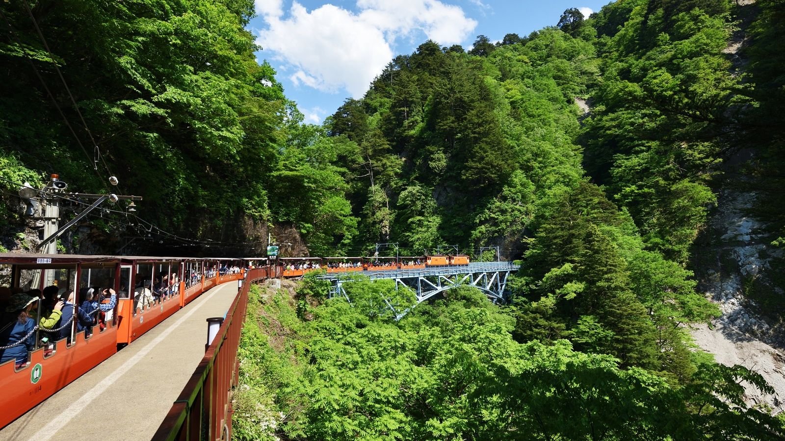 Kurobe Gorge Railway local train passing mountain landscapes