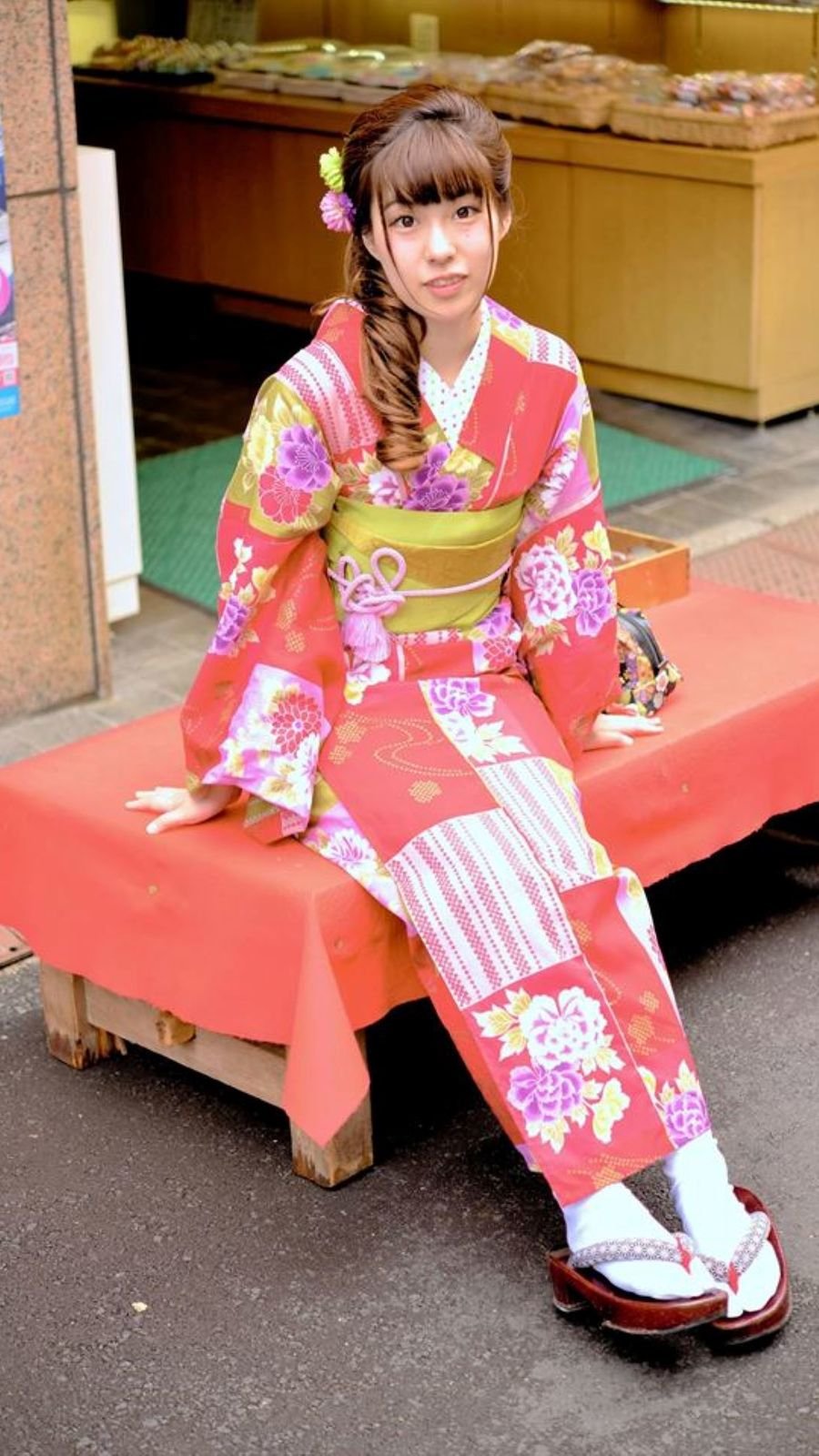 Kimono costume set with obi belt and Japanese sandals in Asakusa