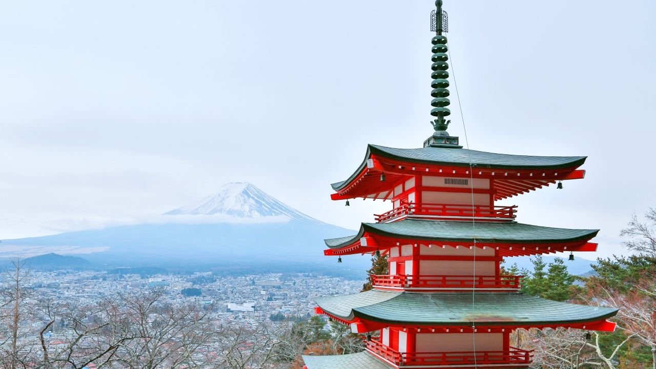 Panoramic view of distant mountains and Mount Fuji from Arakurayama Sengen Park