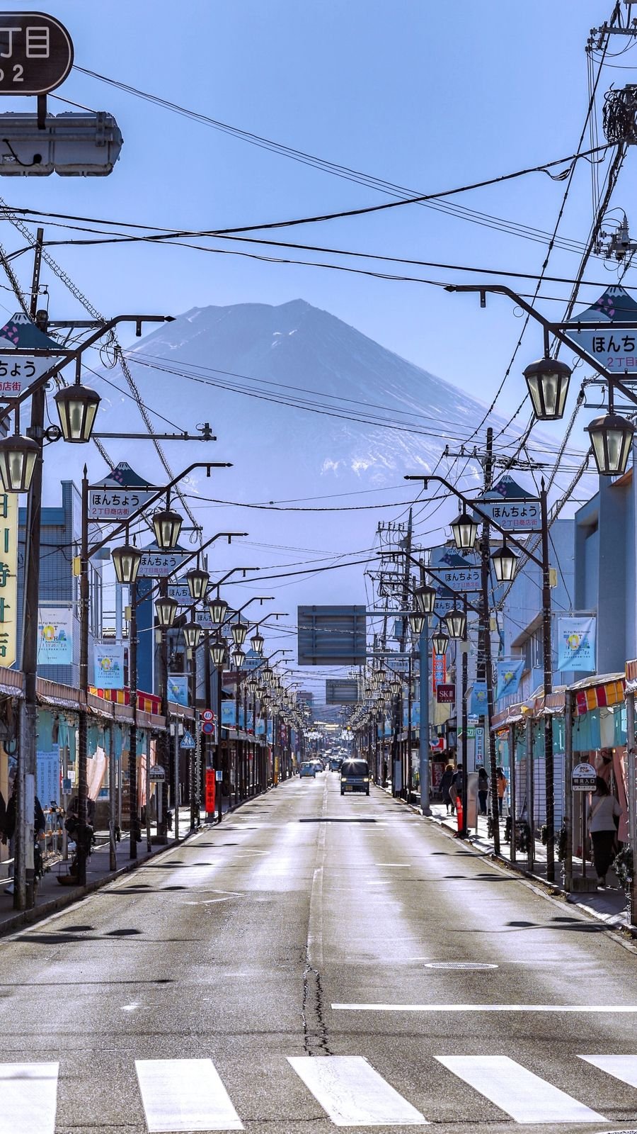 Ladder Town street view leading toward Mount Fuji