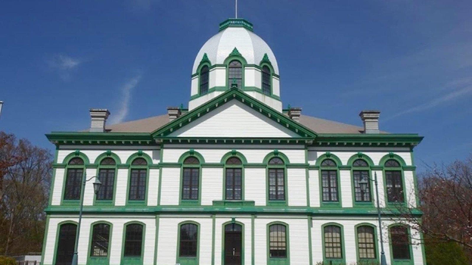 Restored historic buildings in the town area of Historical Village of Hokkaido