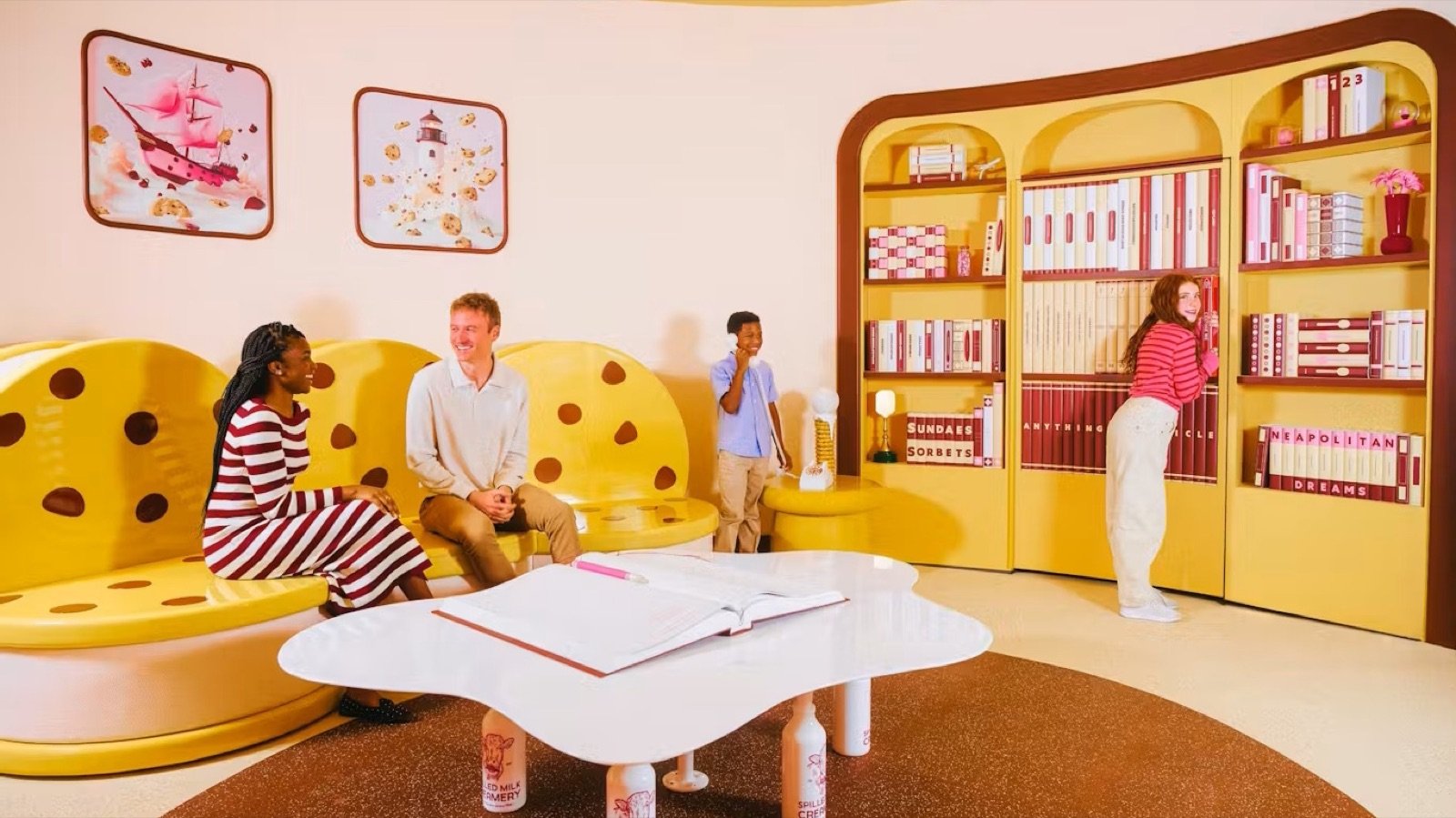 Interactive swings inside the Funway Park dessert-themed exhibit