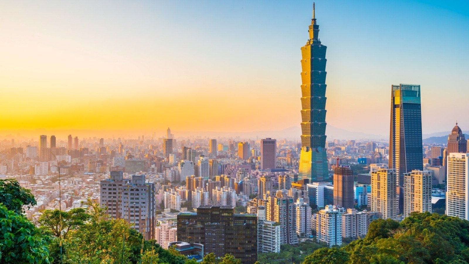 Taipei 101 tower rising above the Taipei cityscape