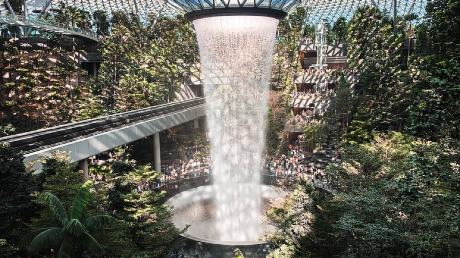 Jewel Changi Airport domed glass roof and entertainment complex in Singapore