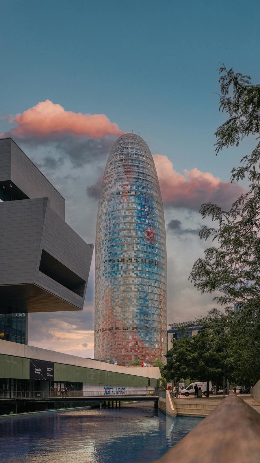 View stretching across the Barcelona city skyline to the Mediterranean Sea from Torre Glòries