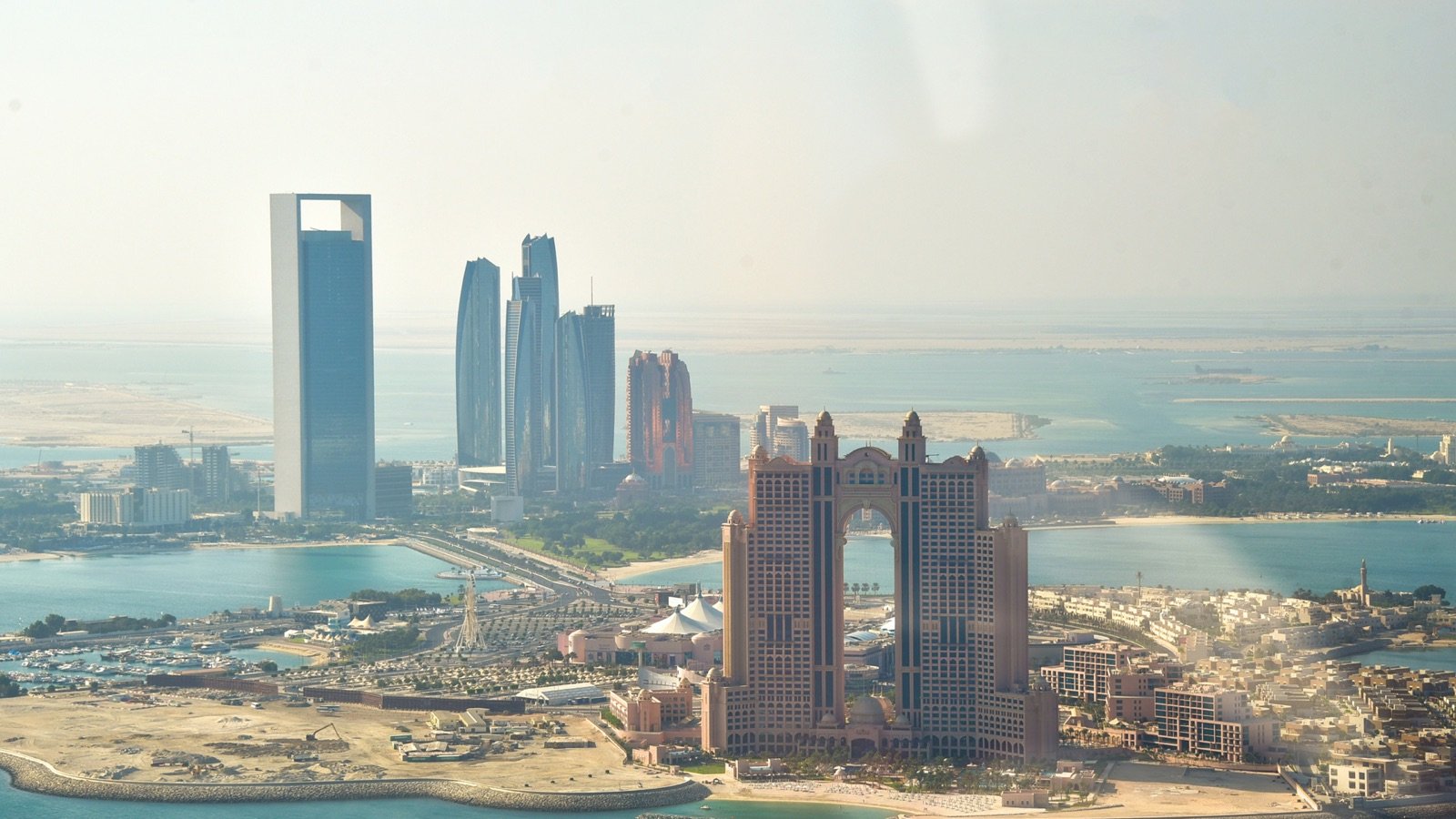 Helicopter flying over Abu Dhabi Corniche