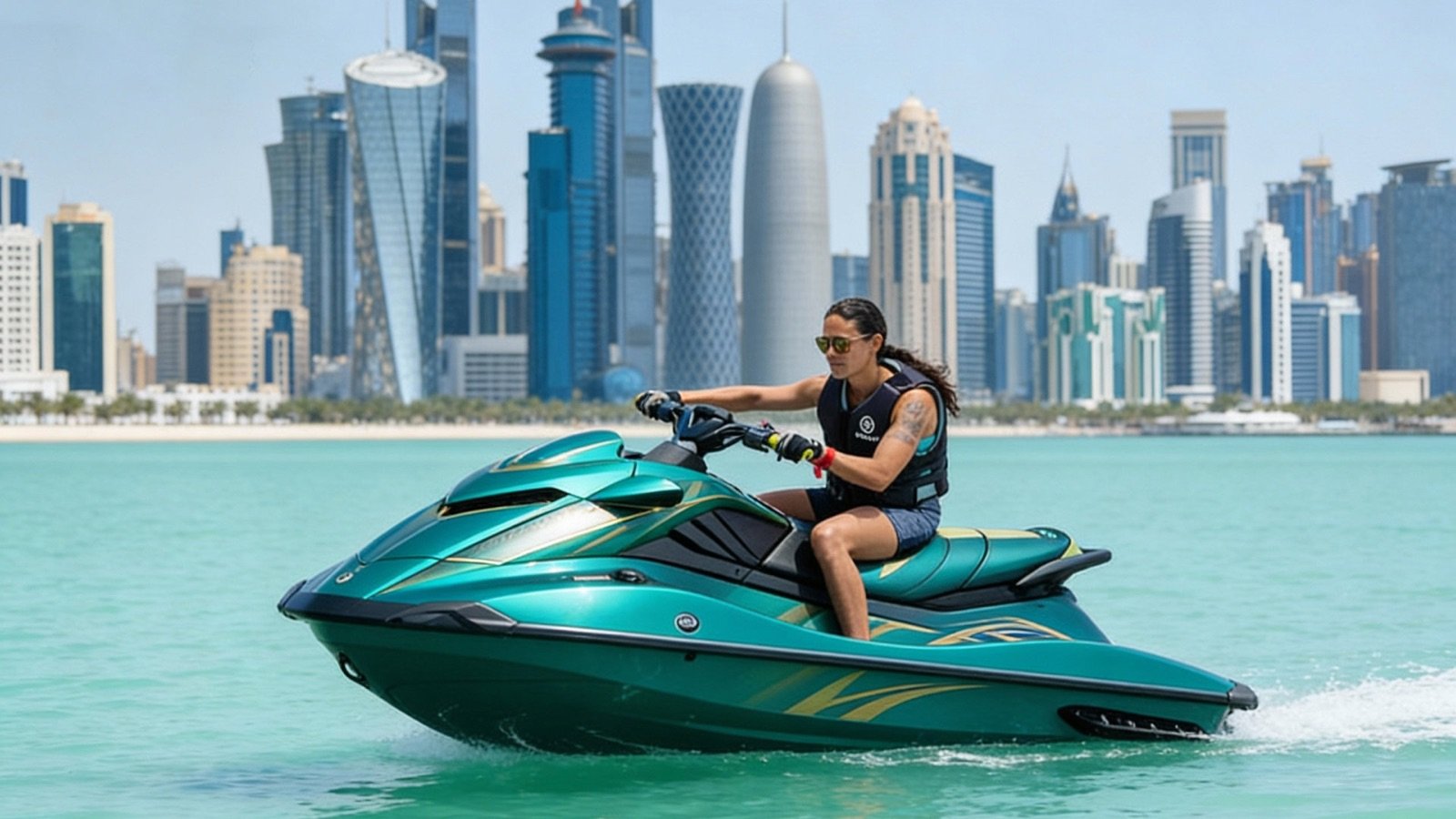 Jet ski rider passing Ain Dubai with Dubai skyline in the background