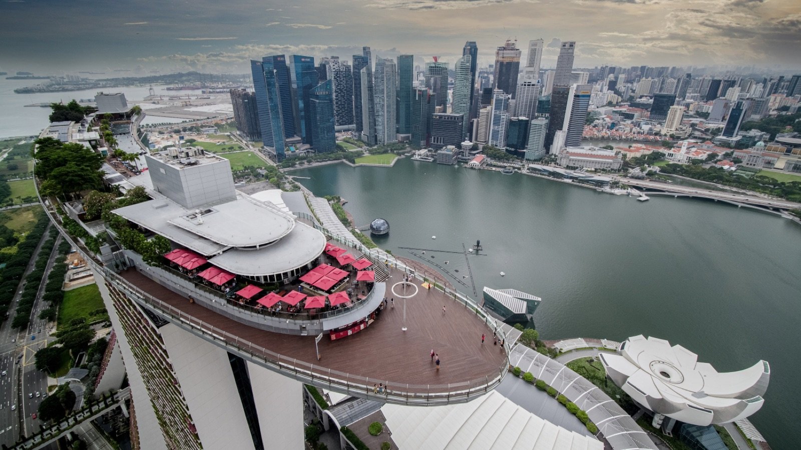 Panoramic view of Singapore skyline from Marina Bay Sands SkyPark Observation Deck