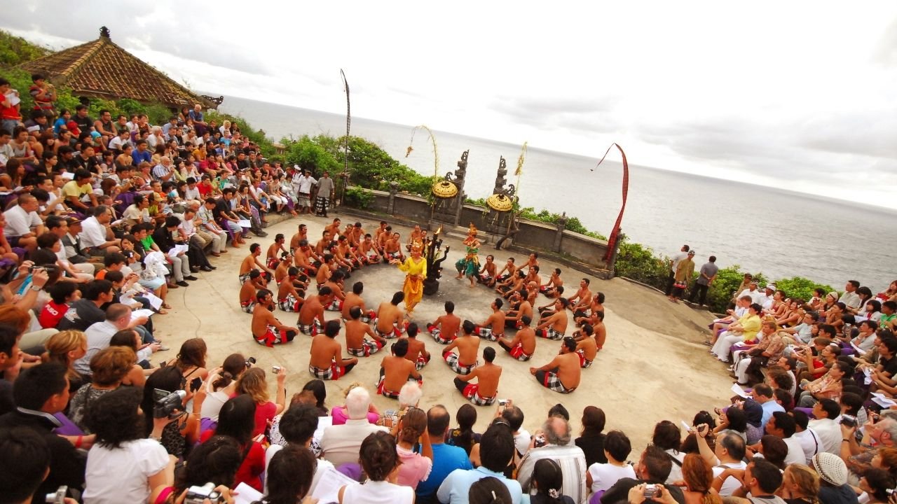 Balinese performers chanting in circle during Kecak dance