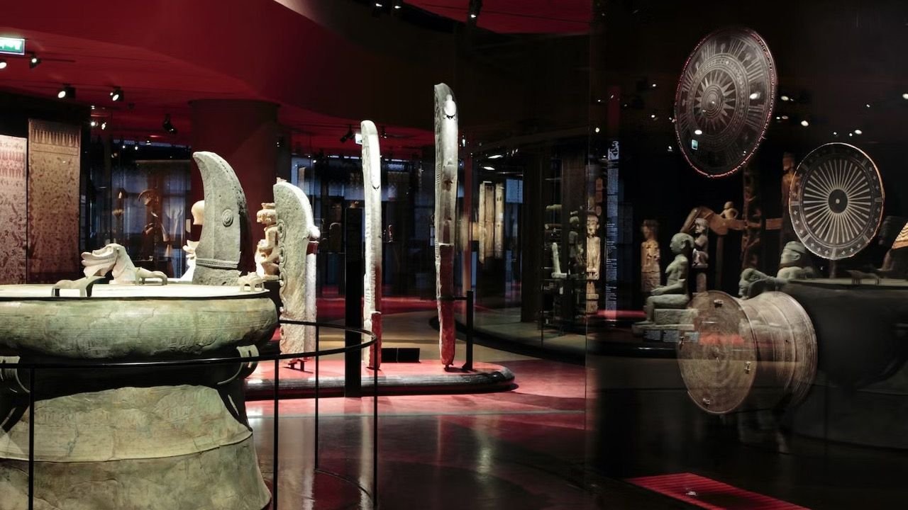 Ceremonial masks and artifacts gallery display